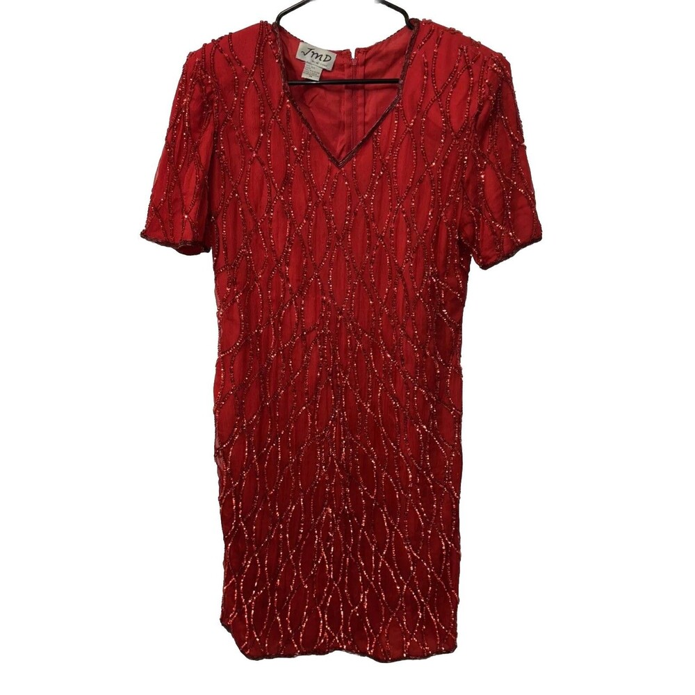 JMD Vintage Silk Sequin Dress Red Party Disco Event 80s Y2K M Short Sleeve V Nec